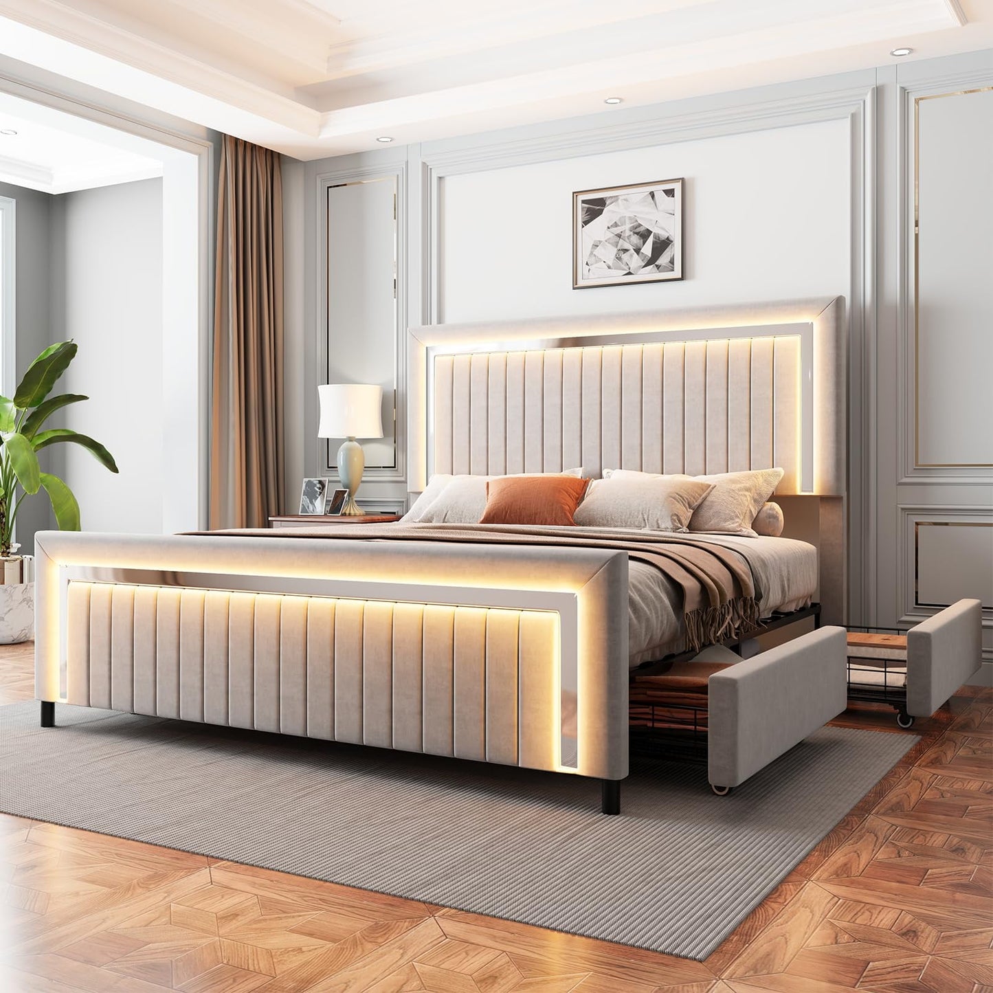 Upholstered Platform Queen Size LED Bed Frame with 4 Storage Drawers, Adjustable Headboard with Vertical Channel Design,No Box Spring Needed