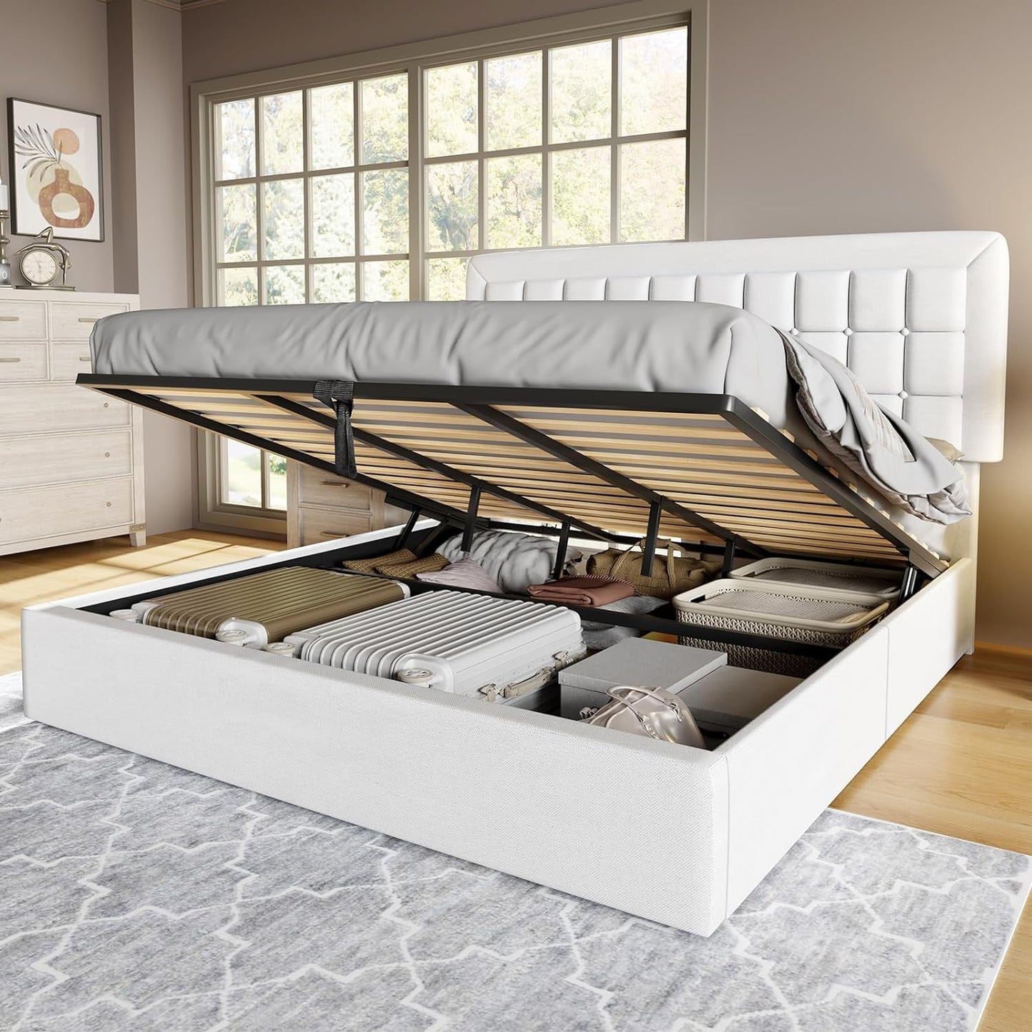 Jocisland Lift Up Storage Bed Frame, Upholstered Platform Bed Frame Button Tufted Headboard