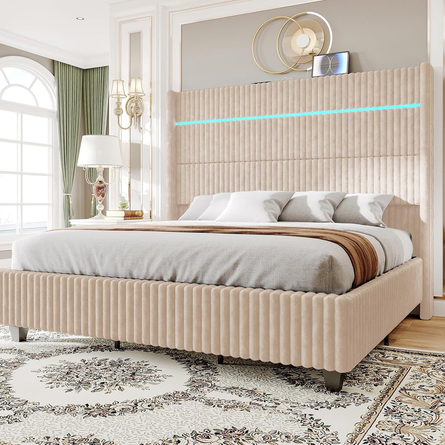 VANACC Bed Frame with LED Lights Charging Station,Corduroy Upholstered Platform Bed Frame with 60" Tall Wingback Headboard/No Box Spring Needed