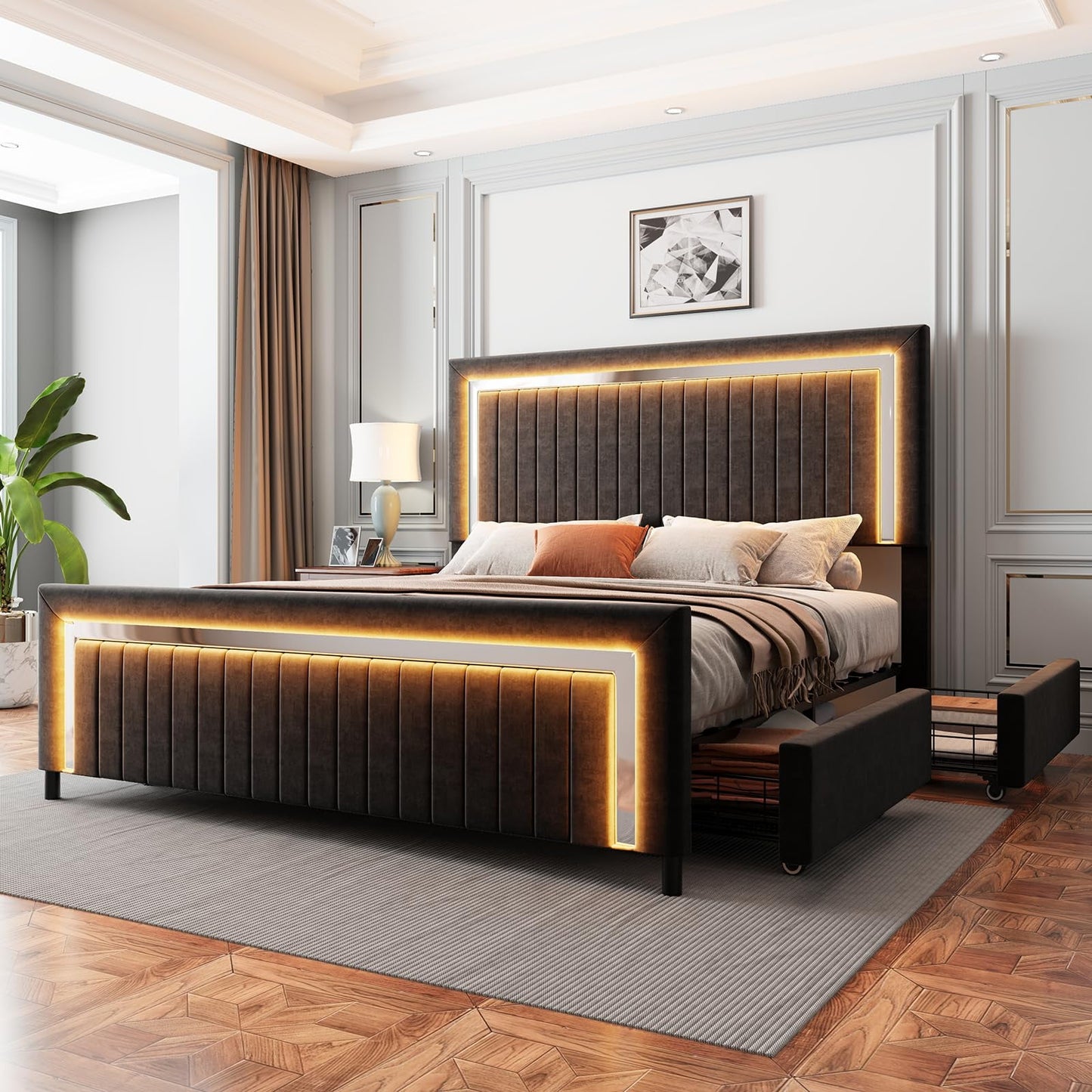 Upholstered Platform Queen Size LED Bed Frame with 4 Storage Drawers, Adjustable Headboard with Vertical Channel Design,No Box Spring Needed