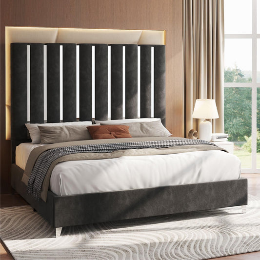 Bed Frame with 58" Tall Headboard,Silver Plating Trim,Velvet Upholstered