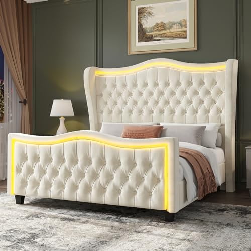 Bed Frame with LED Lights, 53'' Upholstered Platform Wingback Bed with Handmade Deep Button Tufted Headboard Footboard, No Box Spring Needed