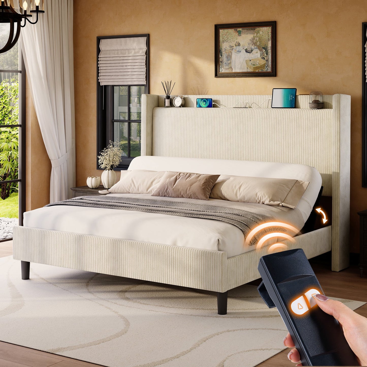Bed Frame with Smart Adjustable Bed Base, Storage Wingback Headboard,Charging Station