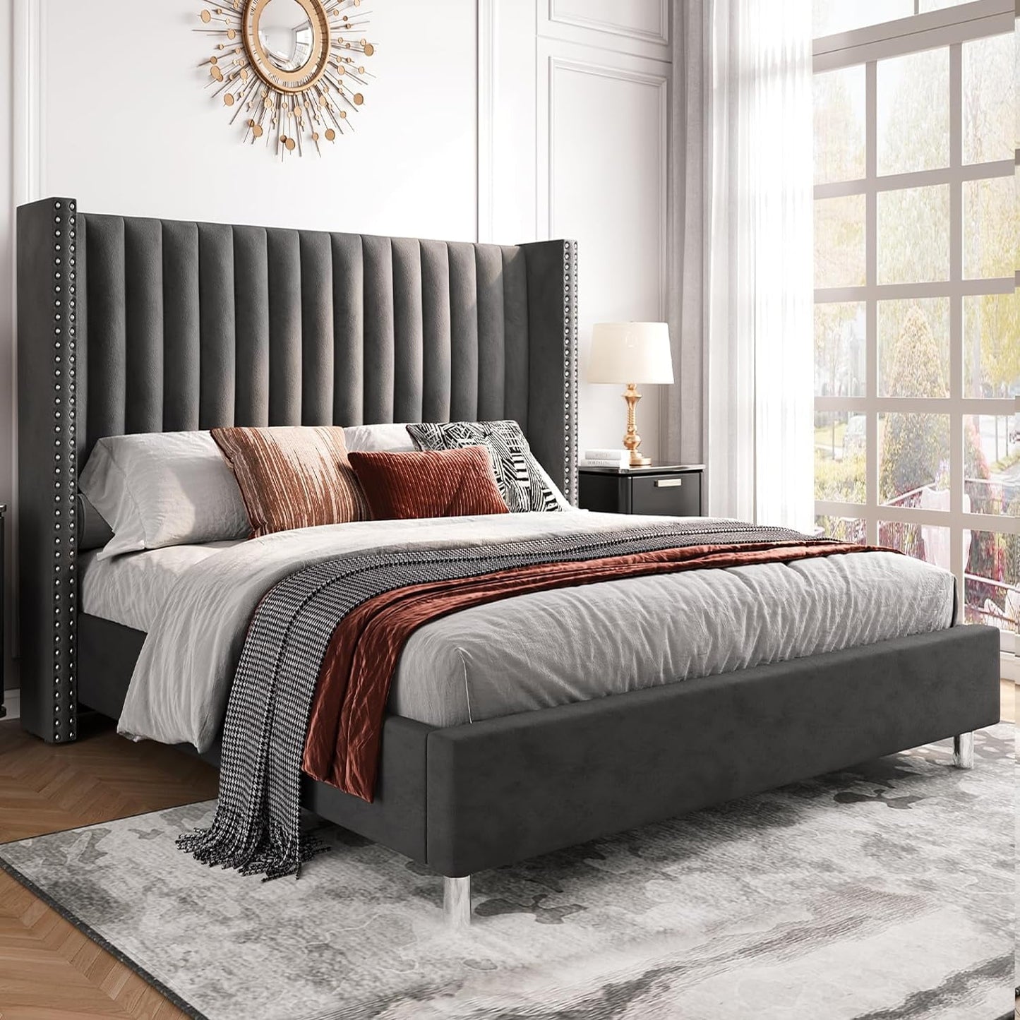 Velvet Upholstered Bed Frame with Vertical Channel Tufted Headbord