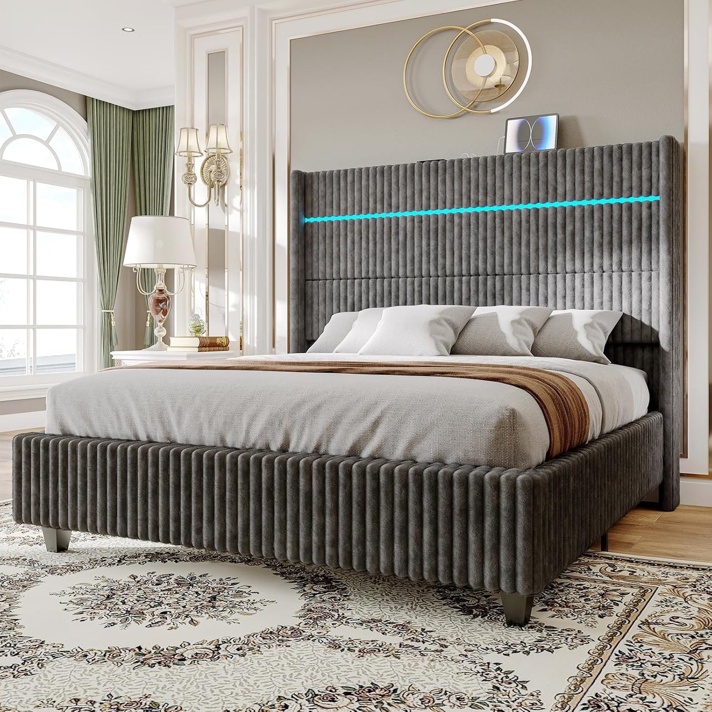 VANACC Bed Frame with LED Lights Charging Station,Corduroy Upholstered Platform Bed Frame with 60" Tall Wingback Headboard/No Box Spring Needed