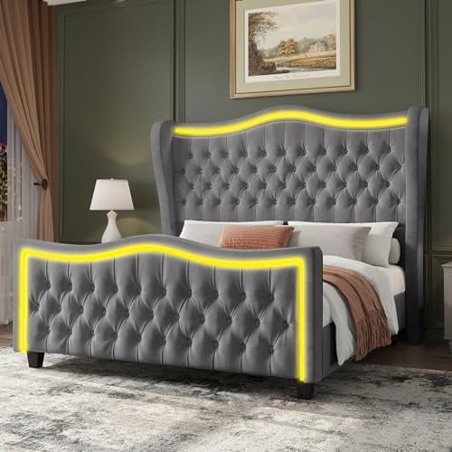 Bed Frame with LED Lights, 53'' Upholstered Platform Wingback Bed with Handmade Deep Button Tufted Headboard Footboard, No Box Spring Needed