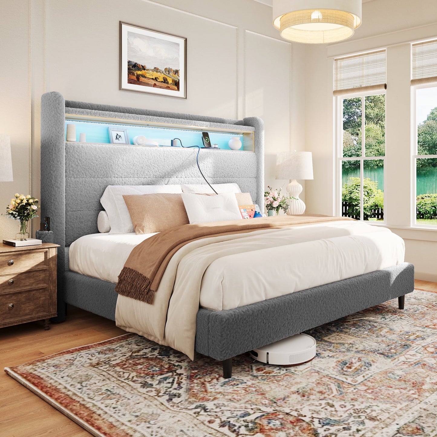 Bed Frame with LED Lights, Tall Headboard Upholstered Platform Bed, Charging Station, Wingback, No Box Spring Needed, Boucle