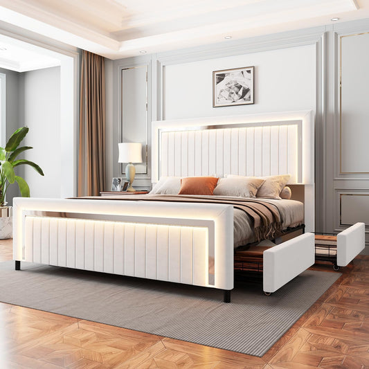 Upholstered Platform Queen Size LED Bed Frame with 4 Storage Drawers, Adjustable Headboard with Vertical Channel Design,No Box Spring Needed