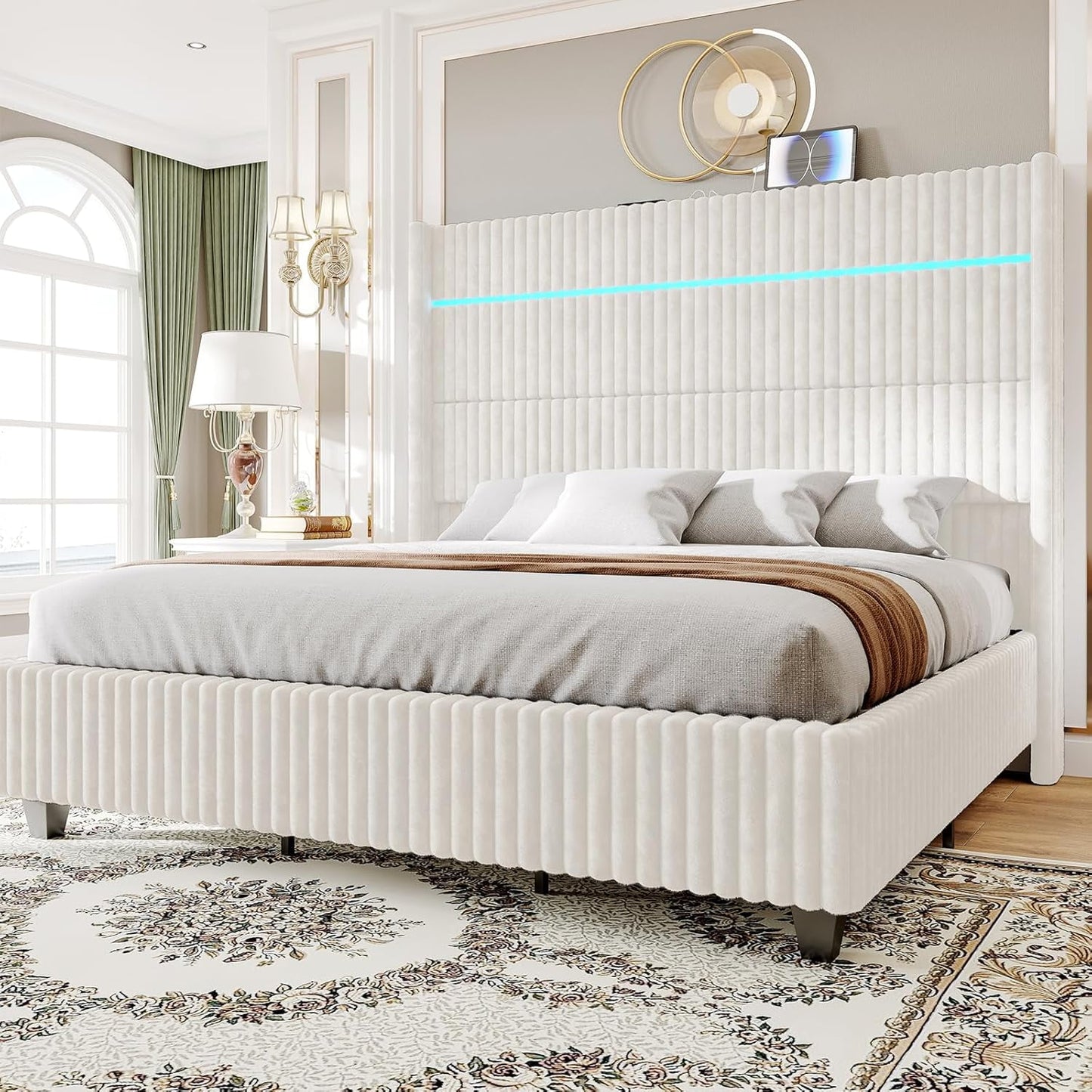 VANACC Bed Frame with LED Lights Charging Station,Corduroy Upholstered Platform Bed Frame with 60" Tall Wingback Headboard/No Box Spring Needed