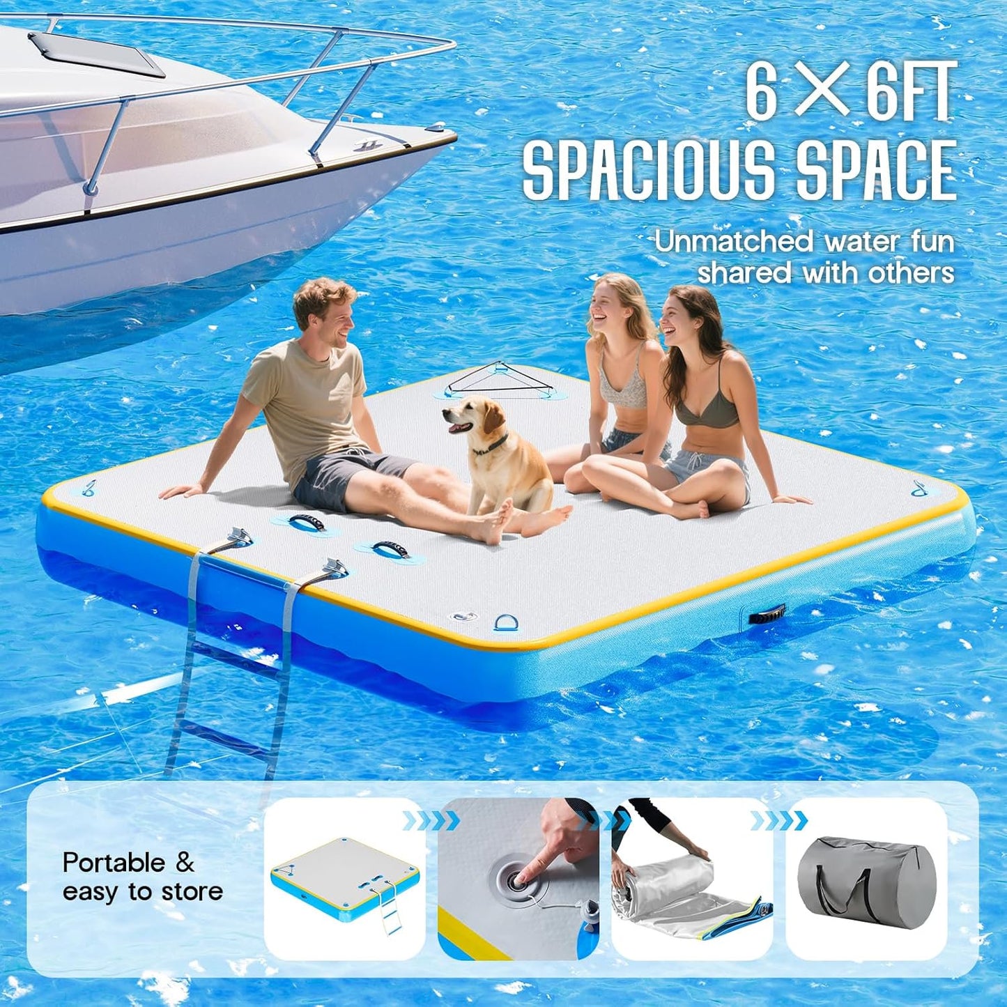 Jocisland 6x6 ft Inflatable Floating Dock with Non-Slip Surface, Detachable Ladder, Multi-Person Swim Platform for Pool, Beach, Ocean, Gray+Blue