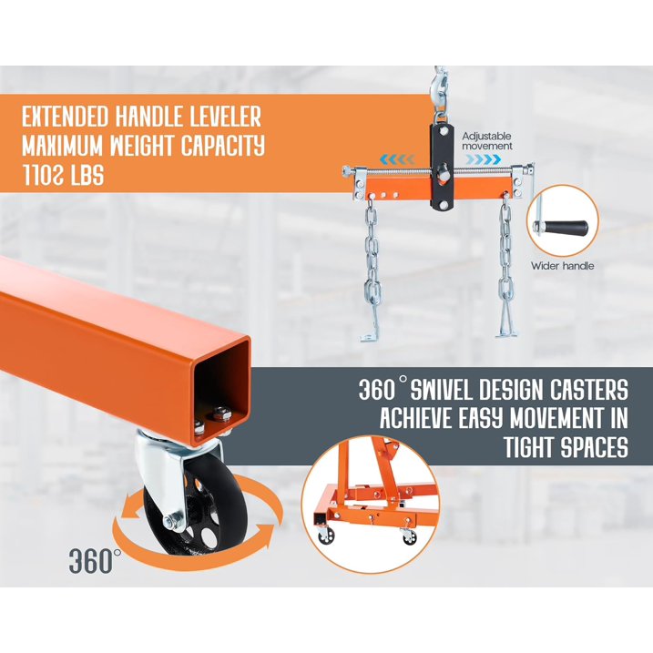 Jocisland 2-Ton Hydraulic Engine-Hoist with 6 Wheels( with Lever), Foldable Heavy Duty Lift, 4400 LB Capacity Cherry Picker for Workshops, Garages, and Warehouses