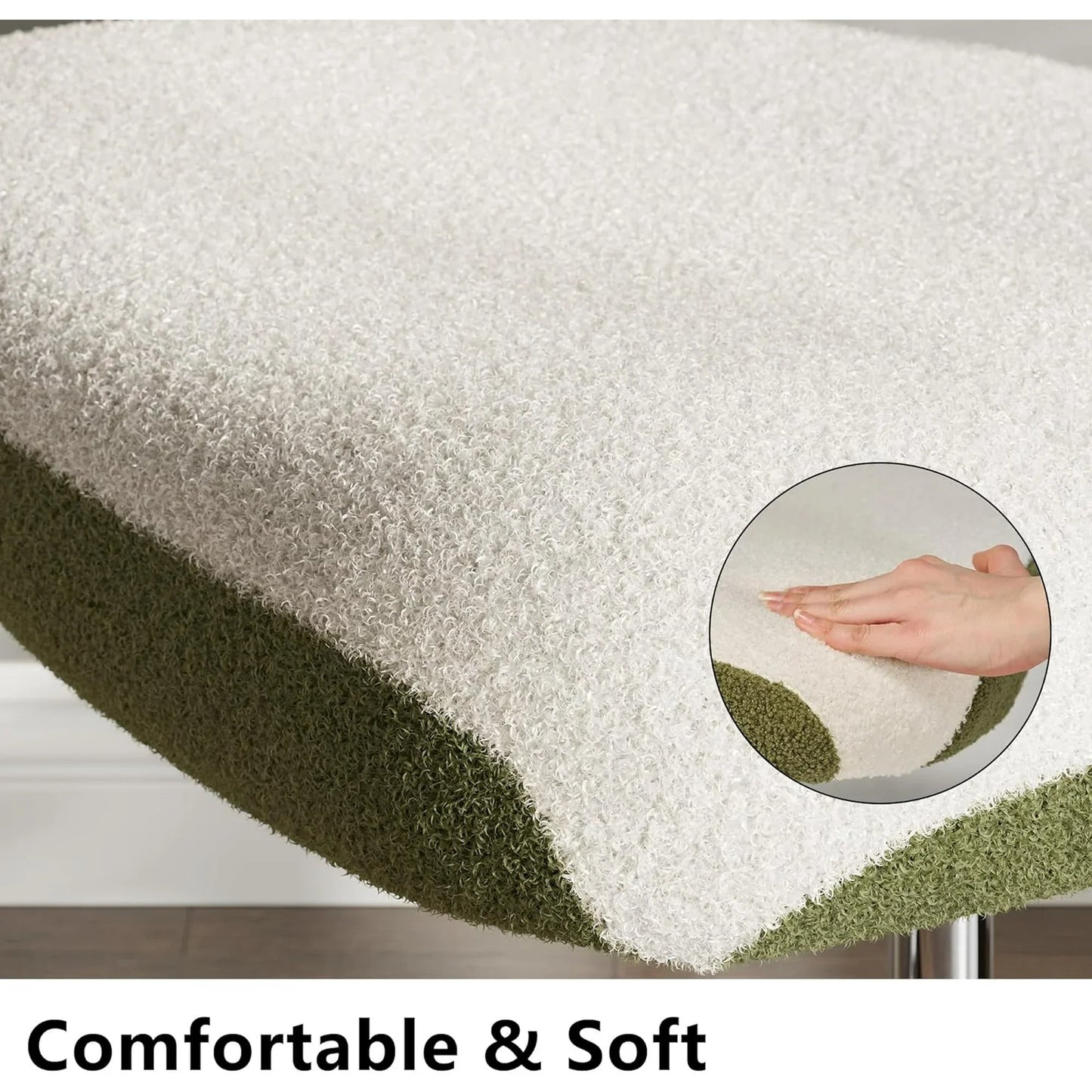 360° Swivel Armless Office Chair with Ergonomic Backrest, Height Adjustable, Bouclé Upholstered Seat, Contrast Color, Home/Office Chair, White & Green