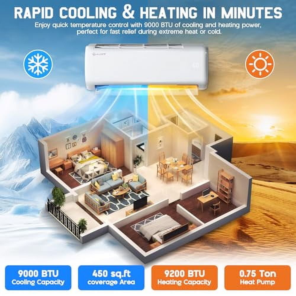 Jocisland Mini Split Air Conditioner and Heater, 9000 BTU Inverter Energy-Efficient AC with Self-Cleaning, Easy Installation, Ideal for Home, Office Use, SEER2 18.5, 220V