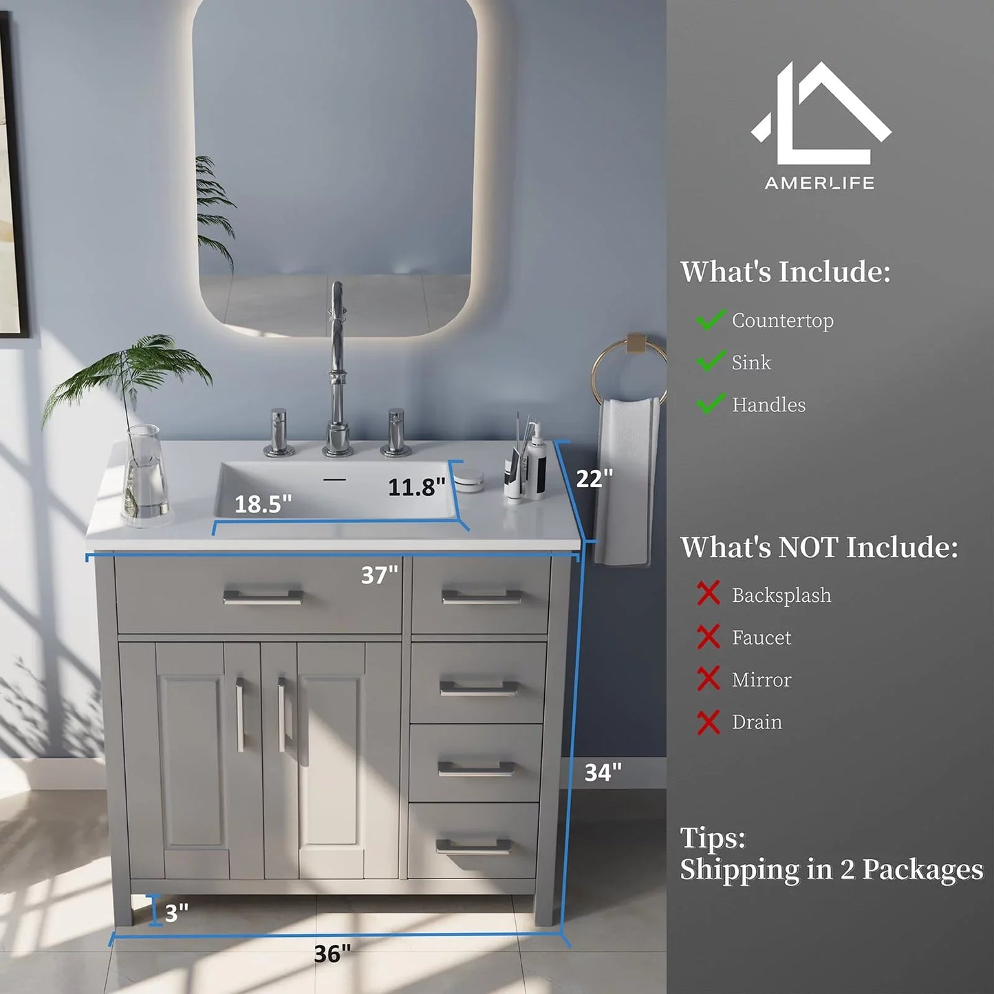 36" Bathroom Vanity with Sink Combo, Modern Small Single Bathroom Cabinet Set, Grey