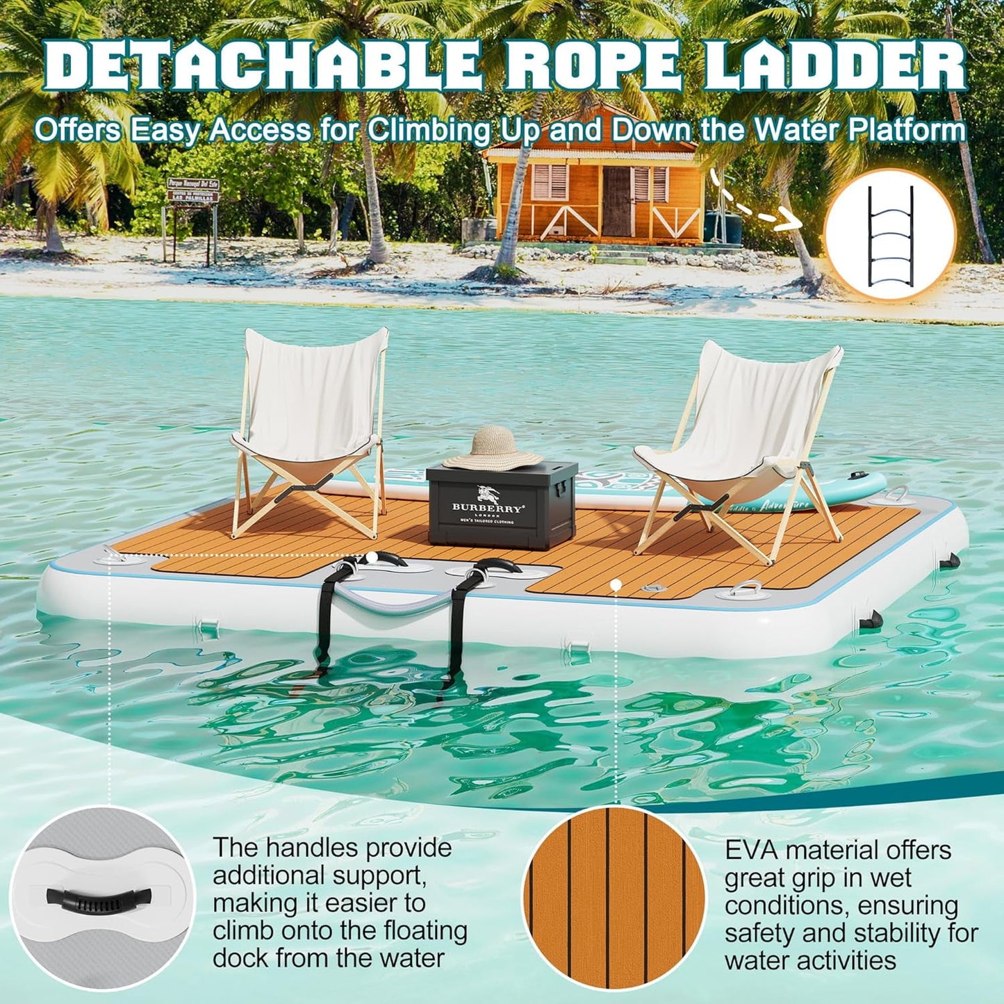 Jocisland 7×7FT Inflatable Floating Dock, Non-Slip EVA Air Dock Platform loating Island Raft with Rope Ladder for Pool Lake Beach Ocean