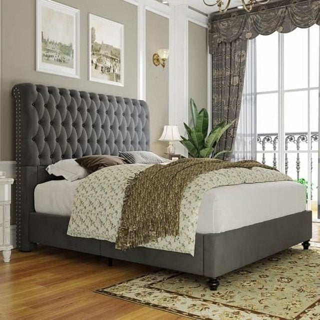 Merluxy Upholstered Bed Frame Velvet Tufted Sleigh Headboard