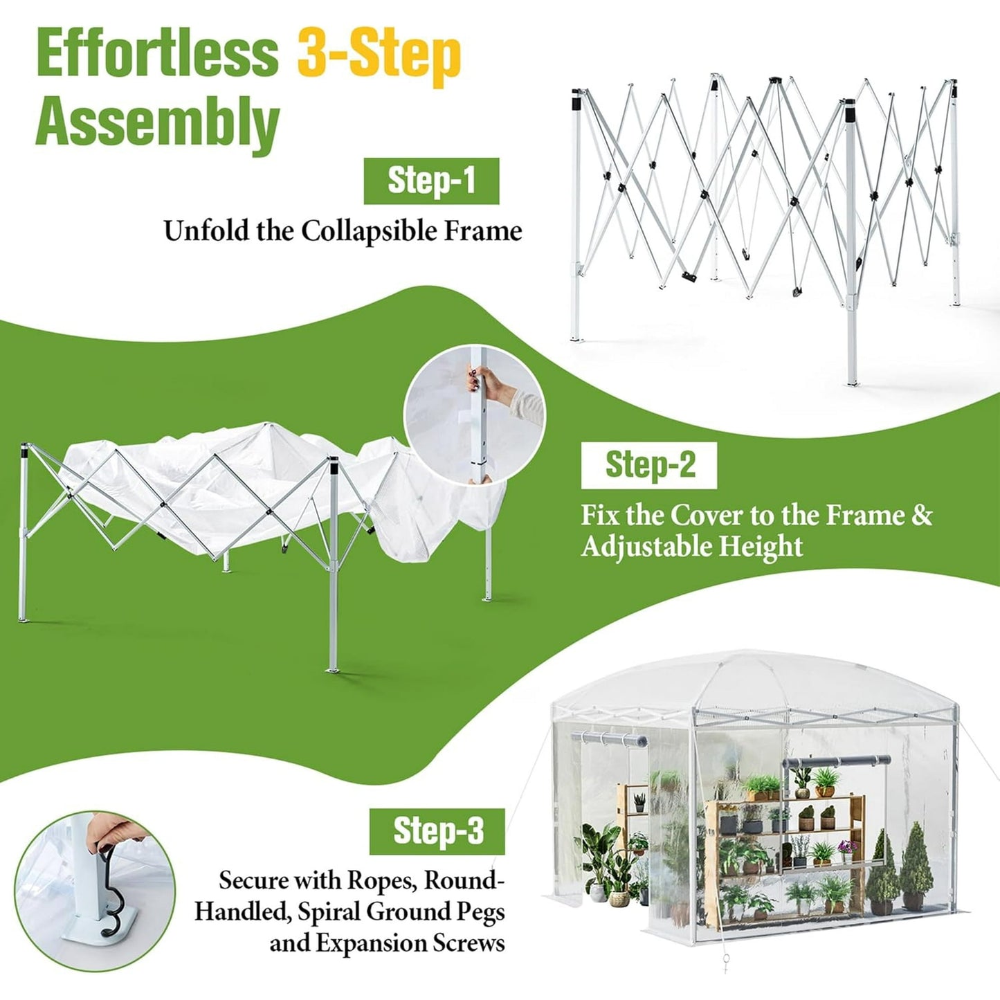 Jocisland 9.7x9.7×8.5 FT Upgraded Pop-up Greenhouses for Outdoors Indoor with Adjustable Reinforced Frame, Portable Walk in Green house with Roll-up Zipper Door, Windows and PE Cover, White