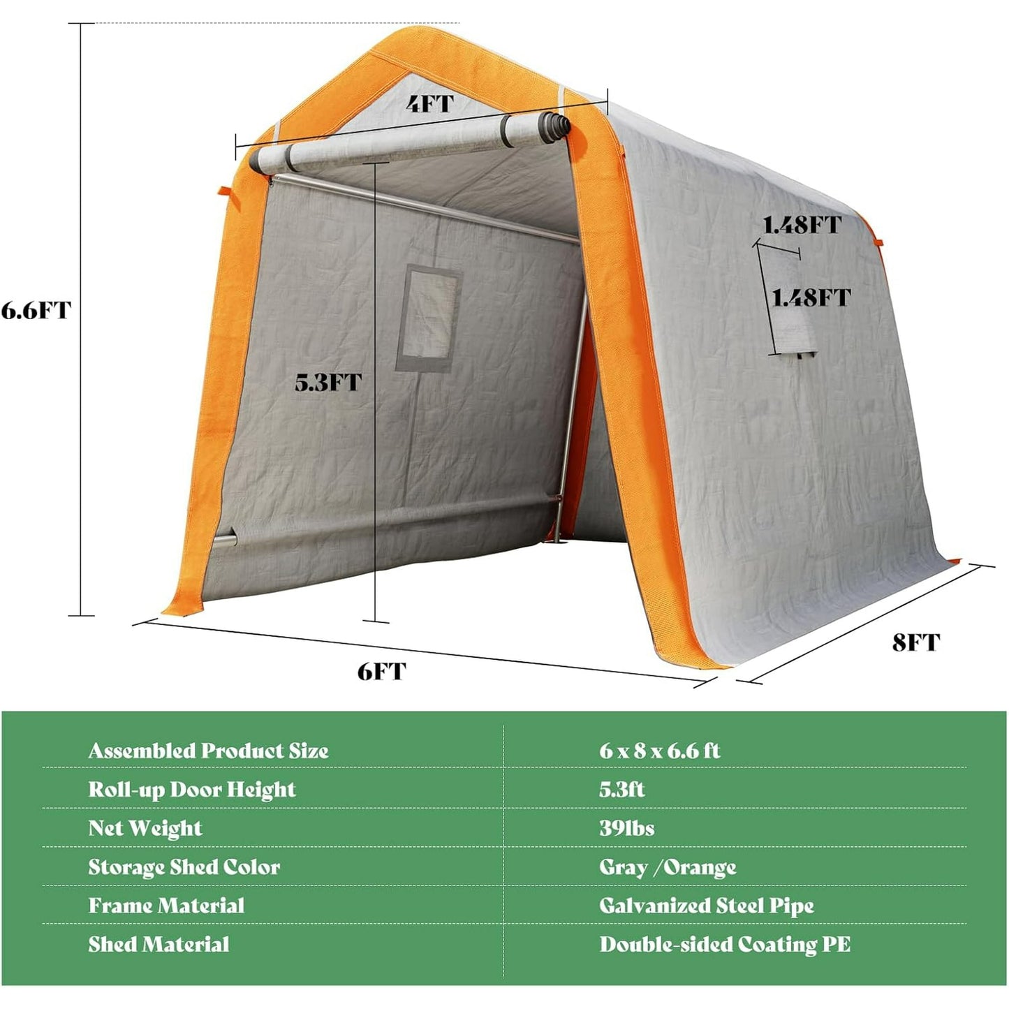 LUXOAK 6x8x6.6 ft Heavy Duty Portable Shed Storage Shelter, Outdoor Storage Shed with Roll-up Zipper Door & 2 Waterproof Windows, Carport for Motorcycle, Bike, Grey