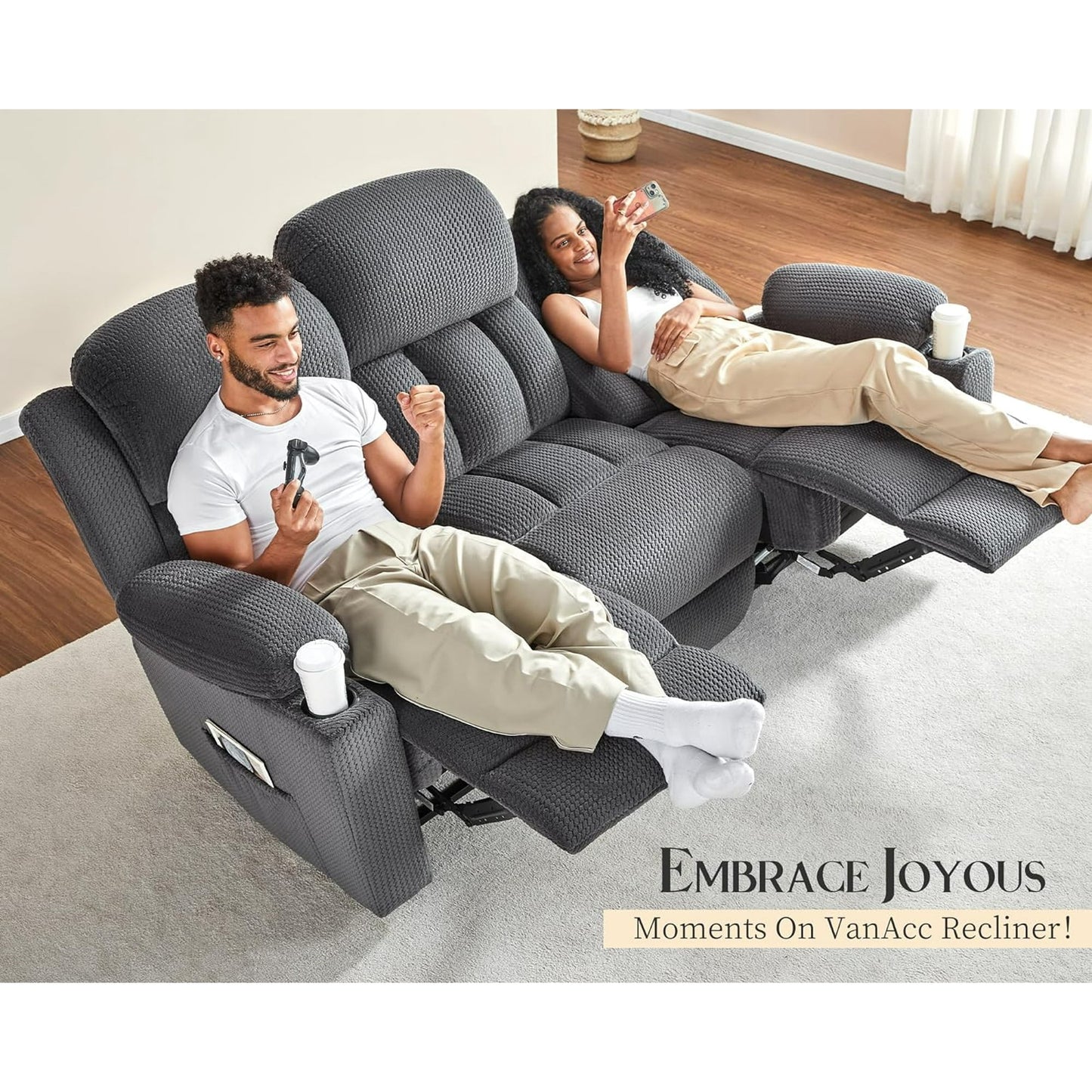 VANACC Recliner Couch, 3 Seater Sofa with Cup Holders for Living Room- 85 inch Grey Comfy Couch