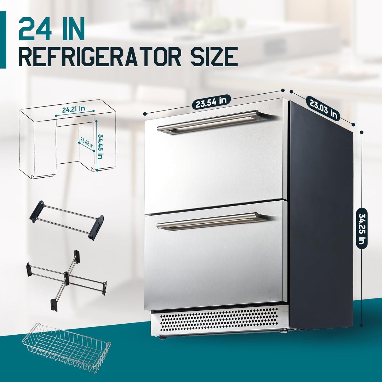 Jocisland 24" Under Counter Drawer Fridge, Stainless Steel Beverage Refrigerator, Dual Drawers, LED Control, Adjustable Storage, Frost-Free, Low Noise, 34-72℉, Indoor/Outdoor Use