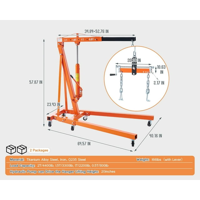 Jocisland 2-Ton Hydraulic Engine-Hoist with 6 Wheels( with Lever), Foldable Heavy Duty Lift, 4400 LB Capacity Cherry Picker for Workshops, Garages, and Warehouses