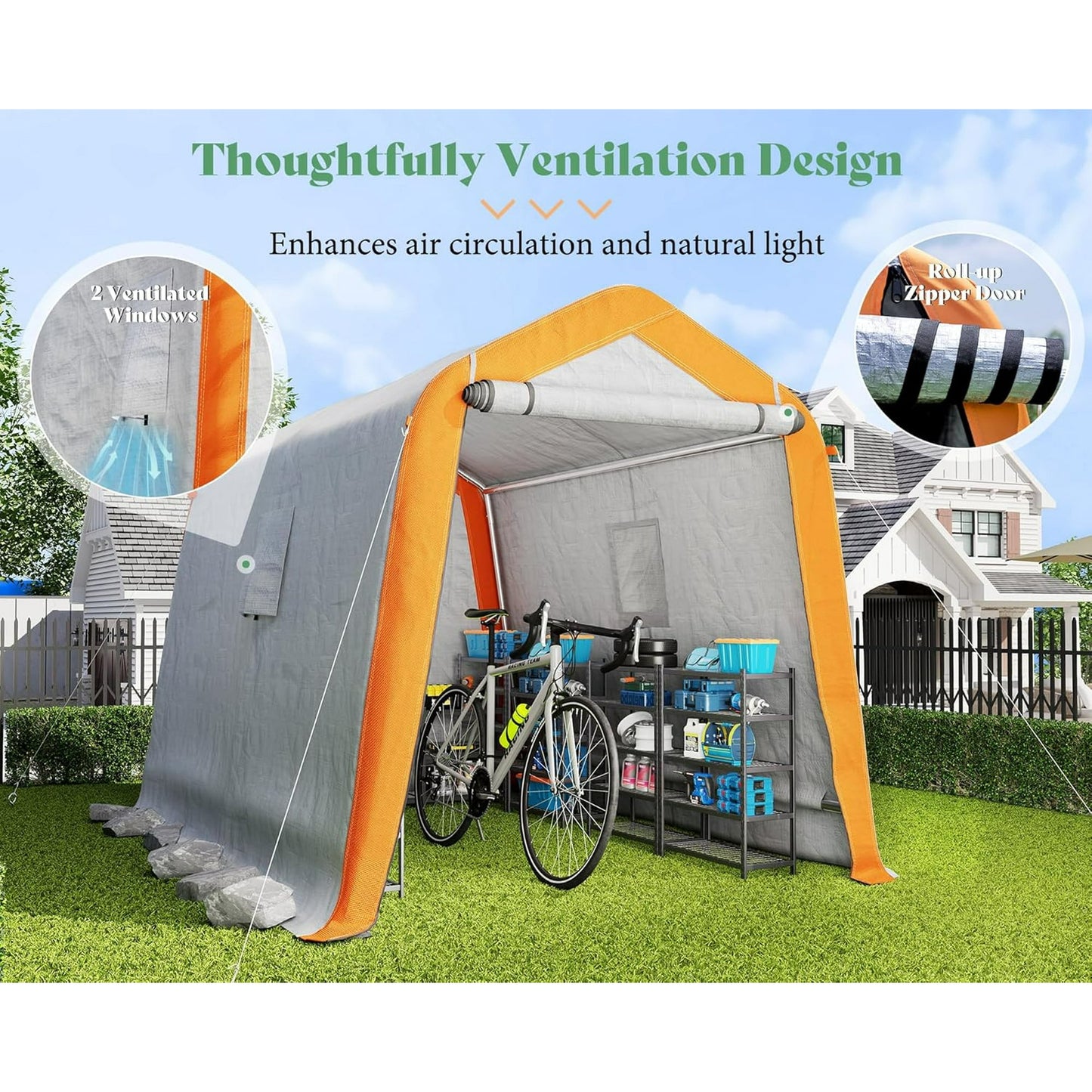 LUXOAK 6x8x6.6 ft Heavy Duty Portable Shed Storage Shelter, Outdoor Storage Shed with Roll-up Zipper Door & 2 Waterproof Windows, Carport for Motorcycle, Bike, Grey