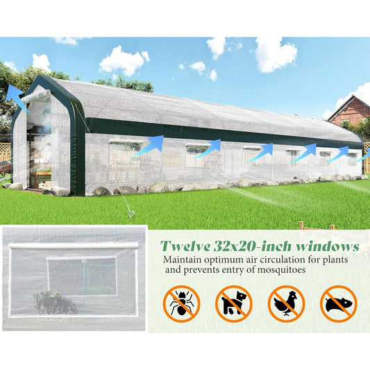 Jocisland 36x10x7.5 FT Large Walk-in Tunnel Greenhouse for Outdoors with Watering System 2 Zipper Doors, Heavy Duty Greenhouse Upgraded Galvanized Steel Frame 12 Windows, Green/White
