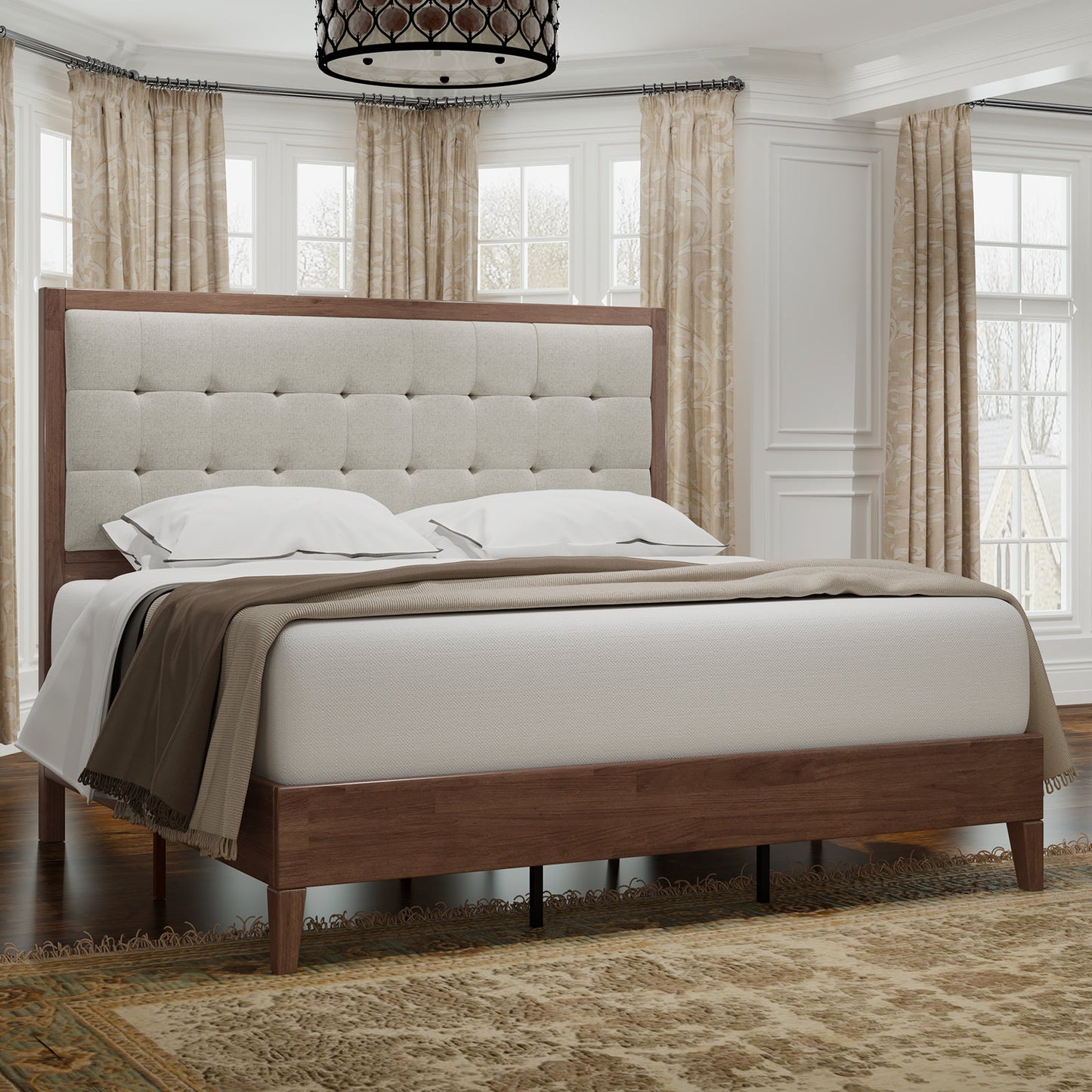 Merluxy Bed Frame, Wood Platform Bed with Upholstered Headboard