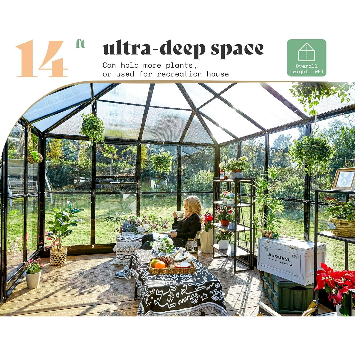 Jocisland 14x9.5x9 ft Hybrid Polycarbonate Greenhouse Quick Connector Fast Assembly Black