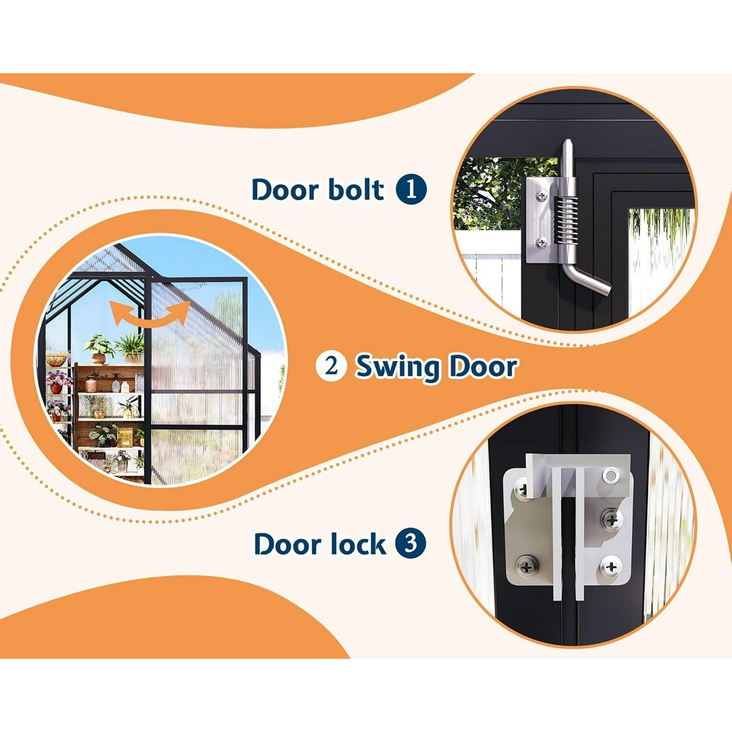 LUXOAK 8x8x7 FT Polycarbonate Greenhouse, Walk-in Aluminum with 2 top-opening windows, 2 Swing Doors, Heavy Duty Outdoor Garden Greenhouse, Black