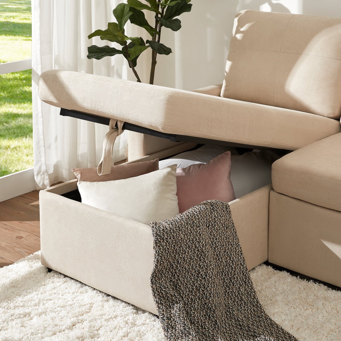 VANACC Sofa Bed, Sleeper Sofa with Storage Chaise, Pull Out Couch for Living Room, Beige Chenille
