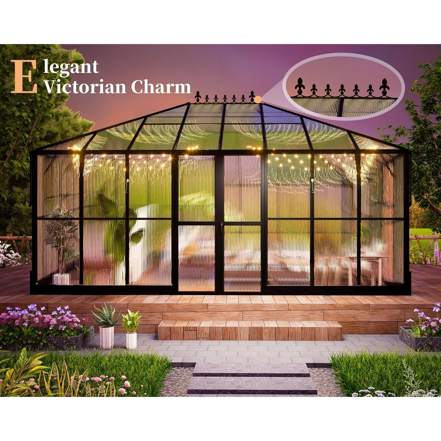 Jocisland 16x12x9.5 ft Polycarbonate Greenhouse- 6 ft Wall Height Outdoor Aluminum Greenhouses with 2 Vent Windows and Rain Gutter, Double Doors with Hook, Walk-in Greenhouse for Backyard Garden