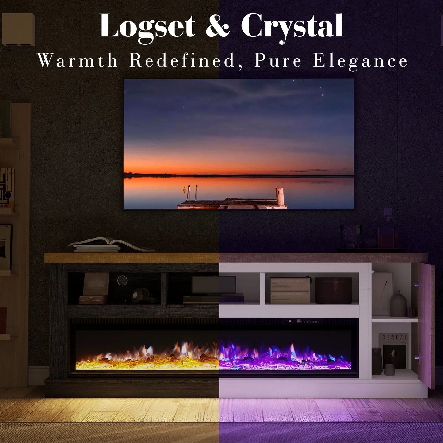 75” Fireplace TV stand with 60” Electric Fireplace, Chunky Entertainment Center with Wood Grain, Color Clash Entertainment Stand for TVs up to 85”, White&Grey