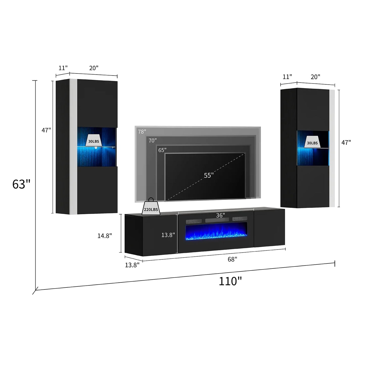 68" Floating Fireplace TV Stand, 2 x Wall Cabinets for Living Room, Black/White