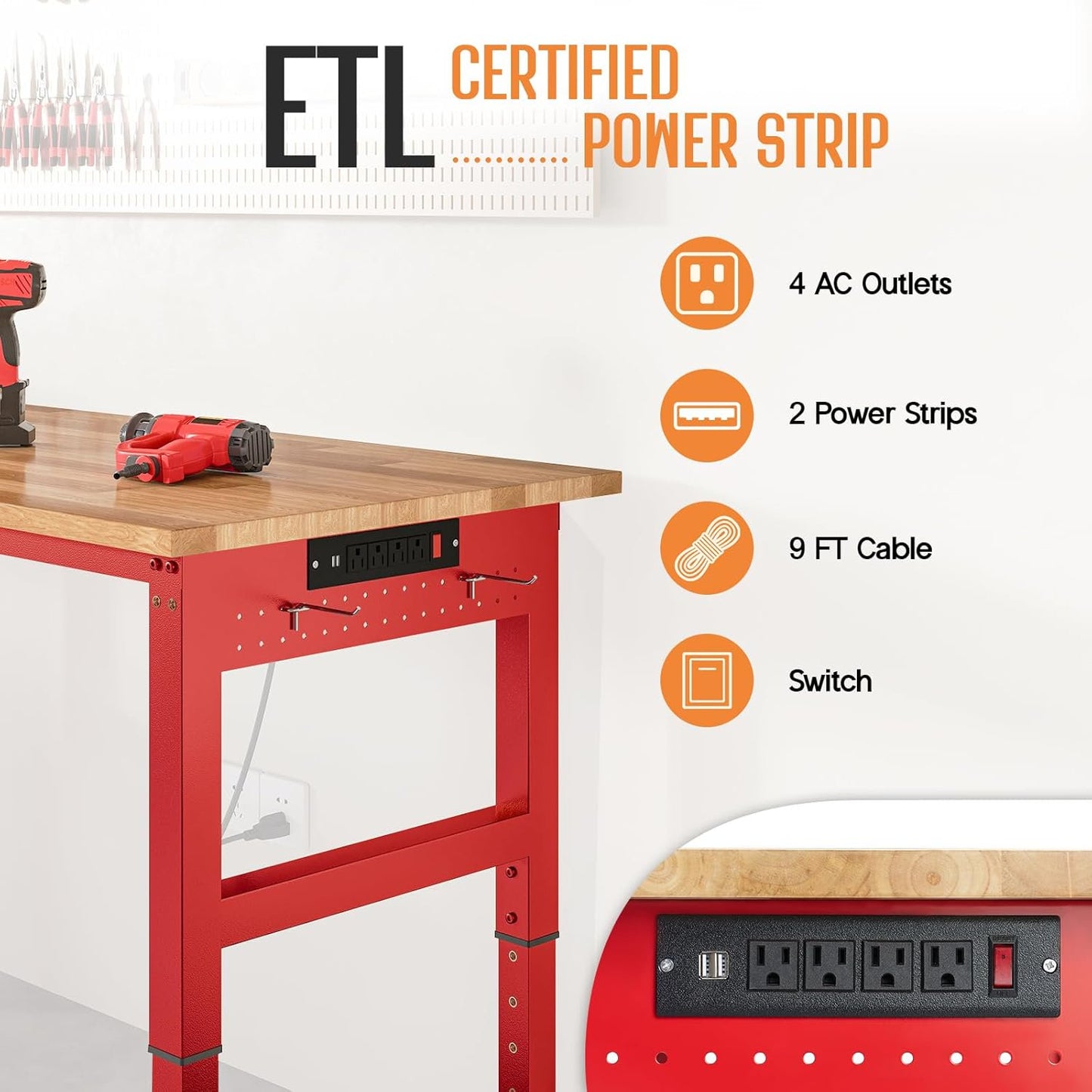 Jocisland 44" Red Adjustable Heavy Duty Workbench with 4 AC Outlet and 2 USB Ports Power Outlets, 2000 Lbs Capacity, Rubber Wood Top for Garage, Workshop, Office