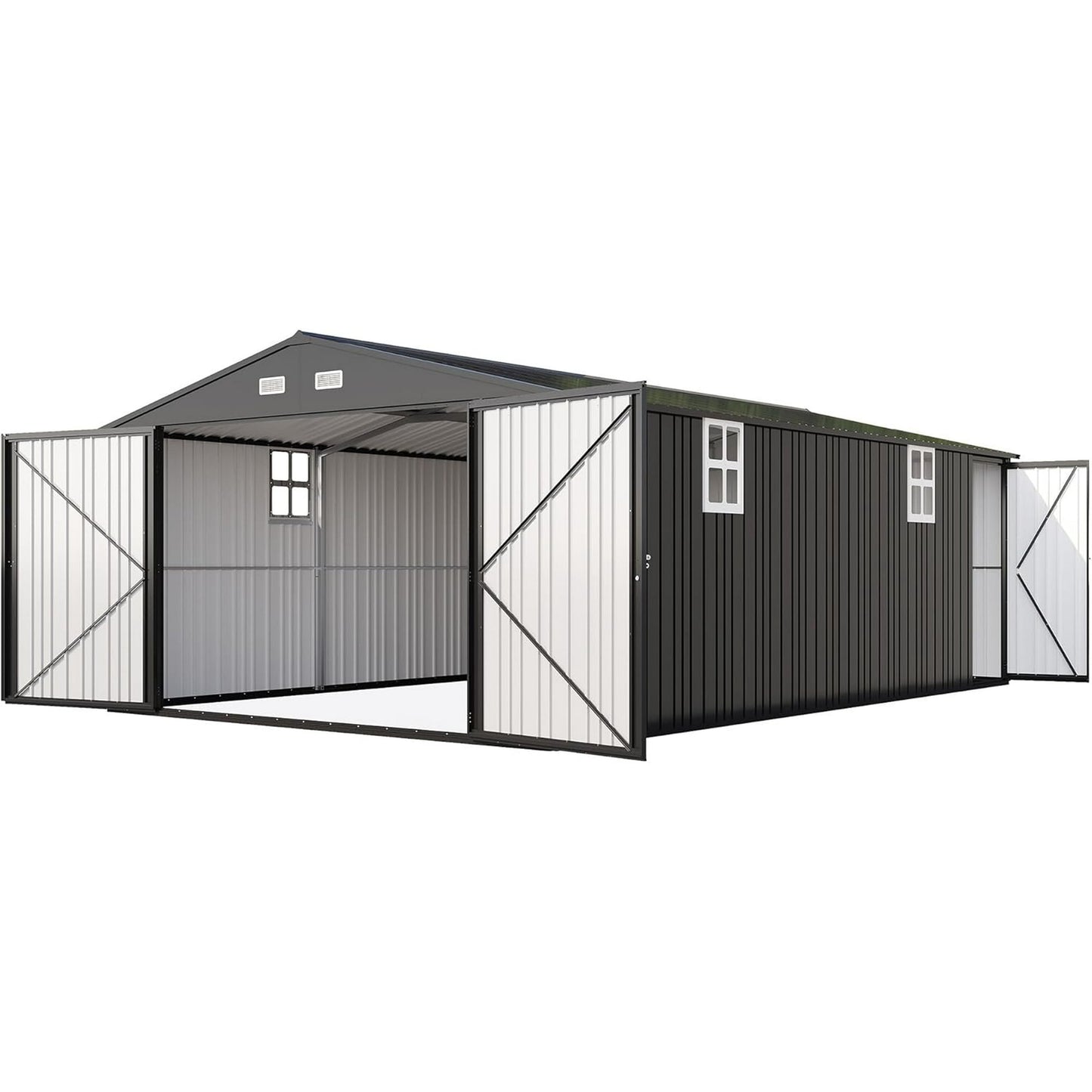 Jocisland 13.2x21x8 FT Outdoor Storage Shed, Huge Metal Garage Shed with 2 Double Hinged Doors and 4 Windows, Carport for Car, Bike, Truck, Garbage Can and Lawnmower, Dark Grey