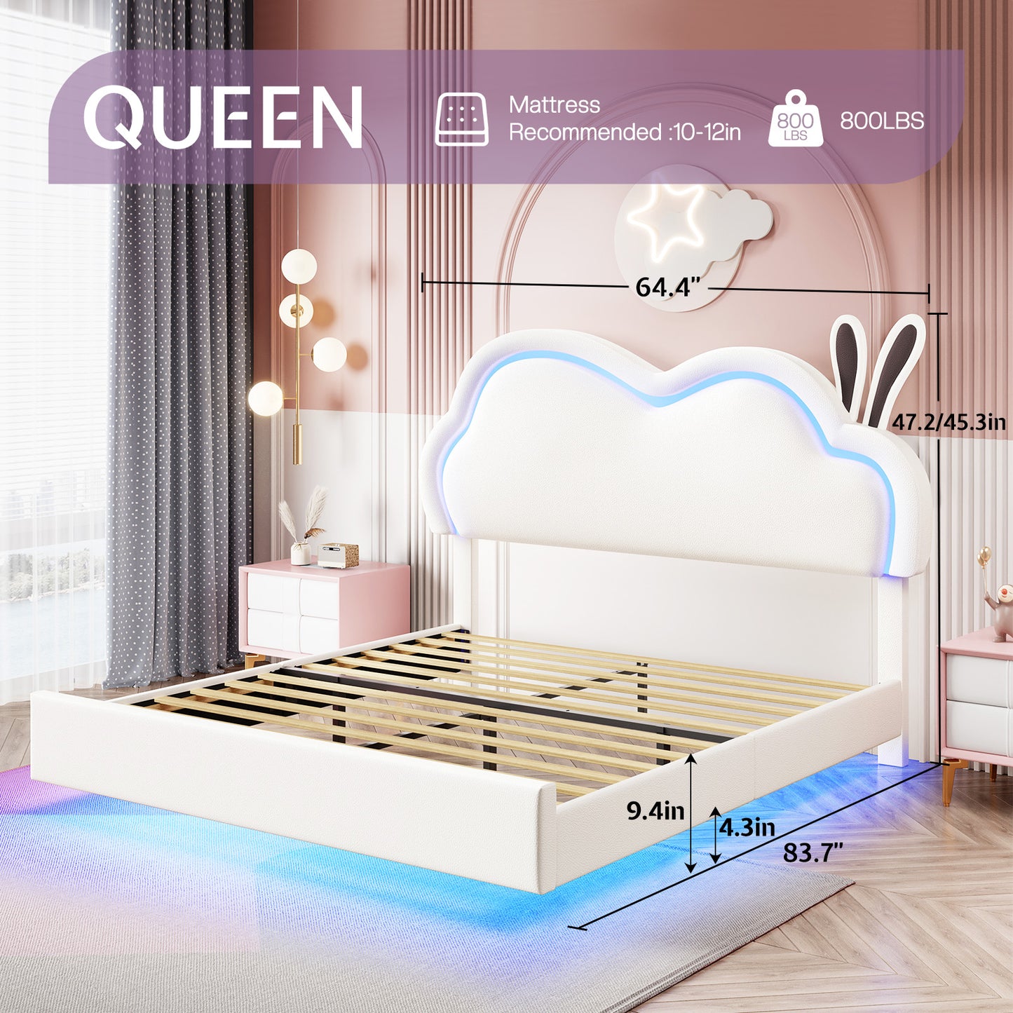 Jocisland LED Queen Bed Frame for Girls Upholstered Floating Bed with Cute Cloud Headboard, No Box Spring Needed, Leather, White