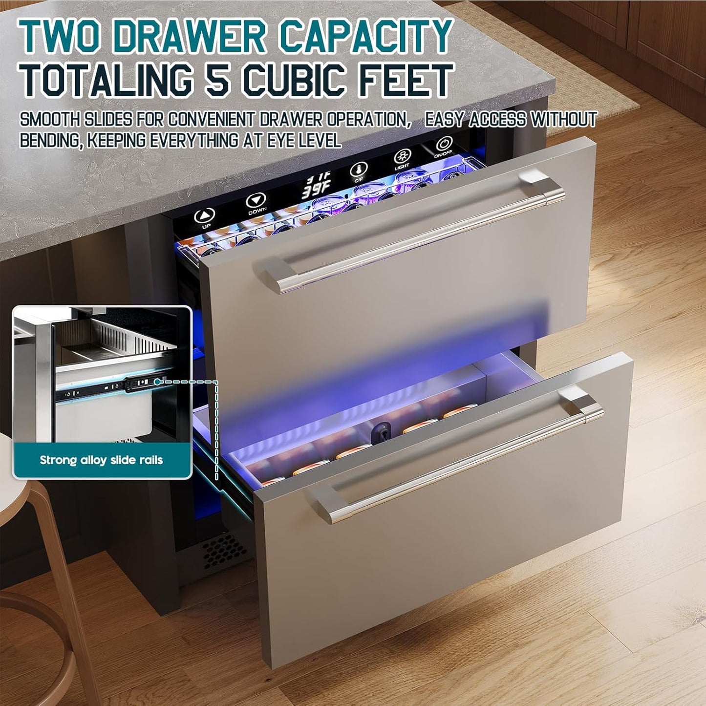 Jocisland 24" Under Counter Drawer Fridge, Stainless Steel Beverage Refrigerator, Dual Drawers, LED Control, Adjustable Storage, Frost-Free, Low Noise, 34-72℉, Indoor/Outdoor Use