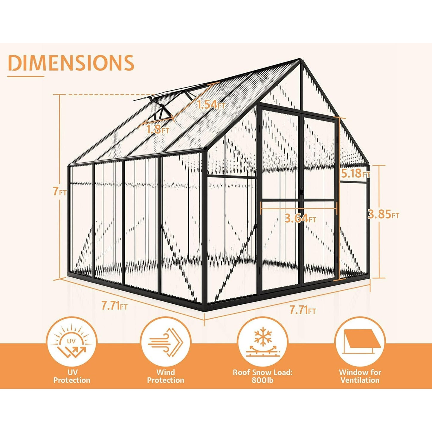 LUXOAK 8x8x7 FT Polycarbonate Greenhouse, Walk-in Aluminum with 2 top-opening windows, 2 Swing Doors, Heavy Duty Outdoor Garden Greenhouse, Black