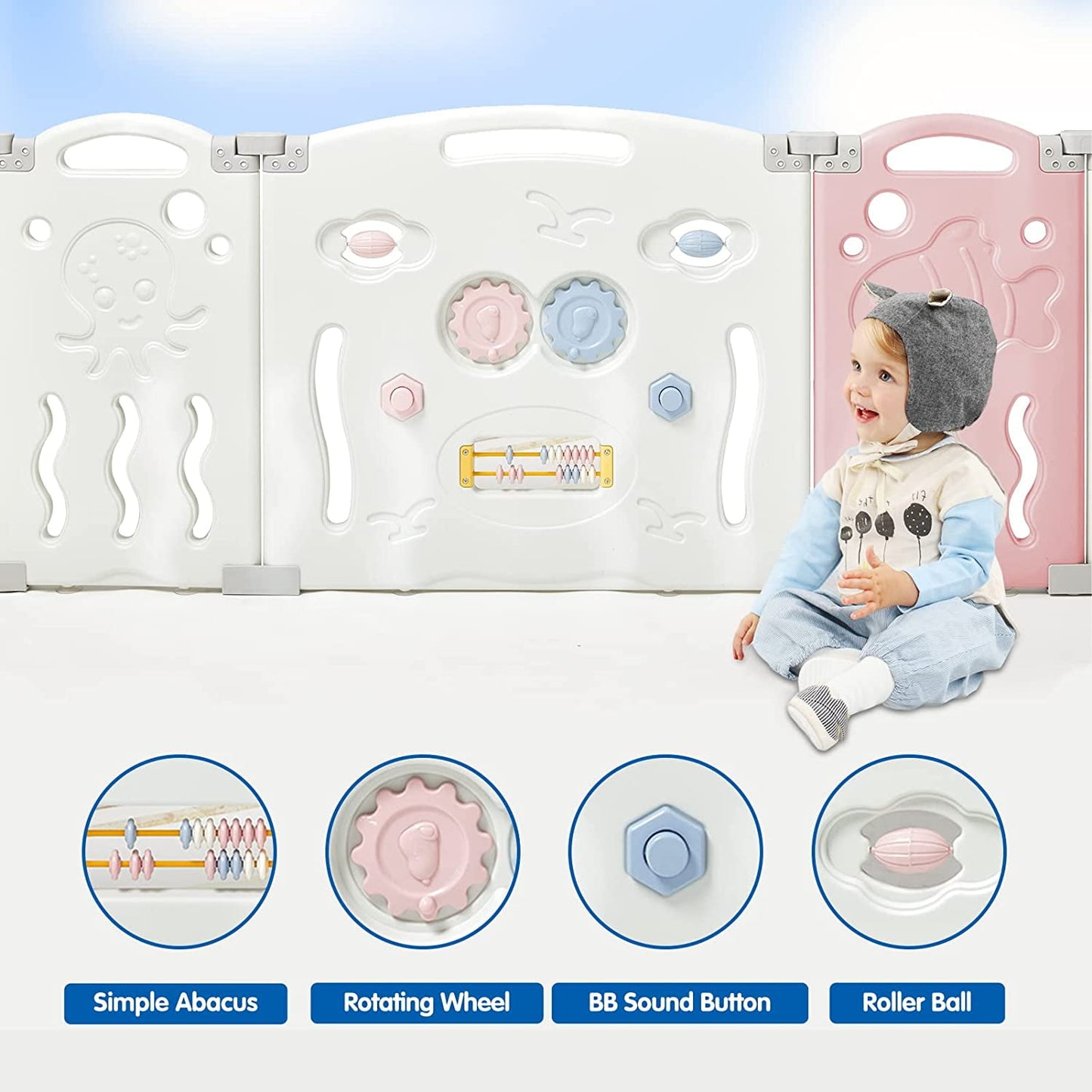 Jocisland 14-Panel Baby Playpen with Game Panel & Safety Gate, Foldable, Adjustable Shape, Portable Play Yard for Toddlers (Pink+White)