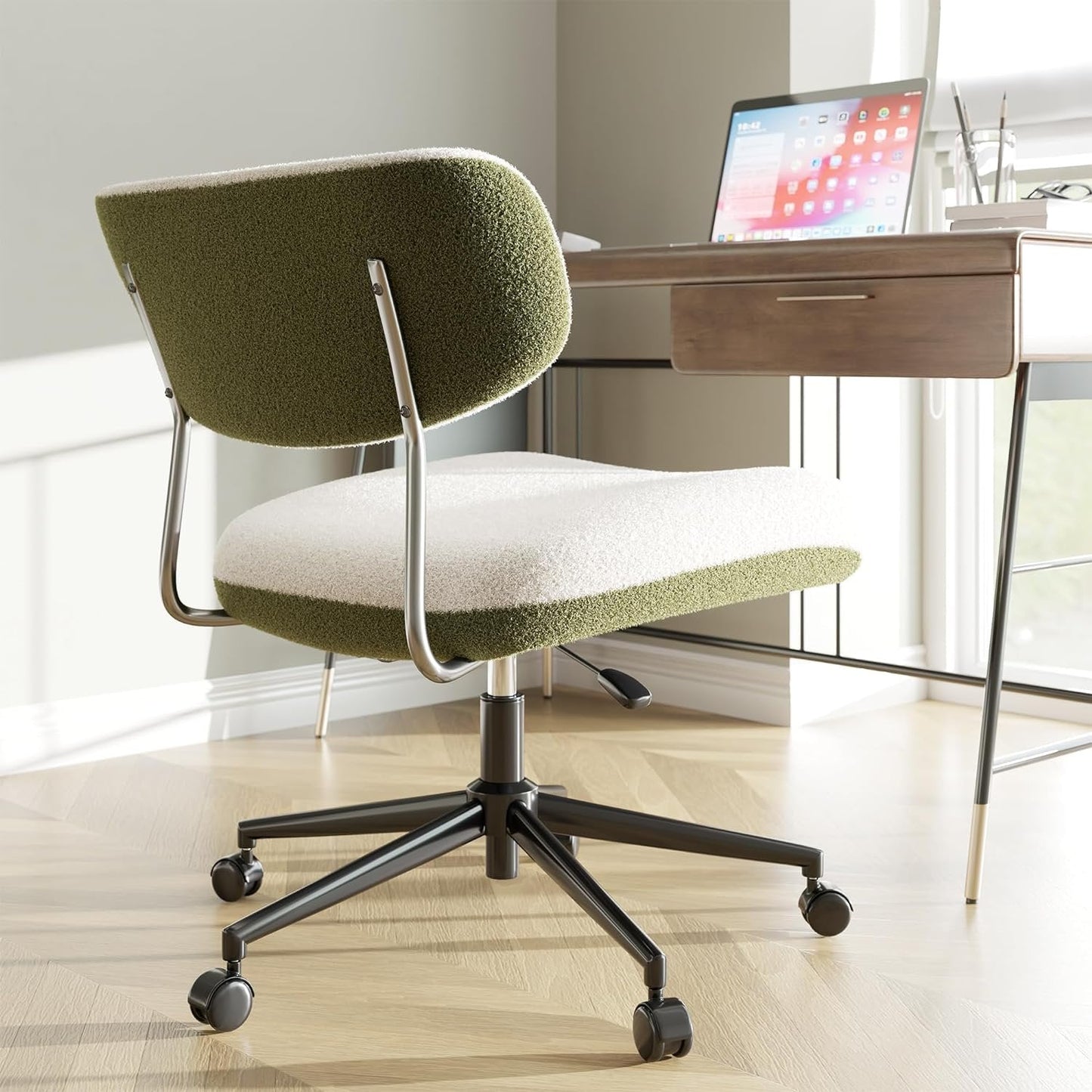 360° Swivel Armless Office Chair with Ergonomic Backrest, Height Adjustable, Bouclé Upholstered Seat, Contrast Color, Home/Office Chair, White & Green