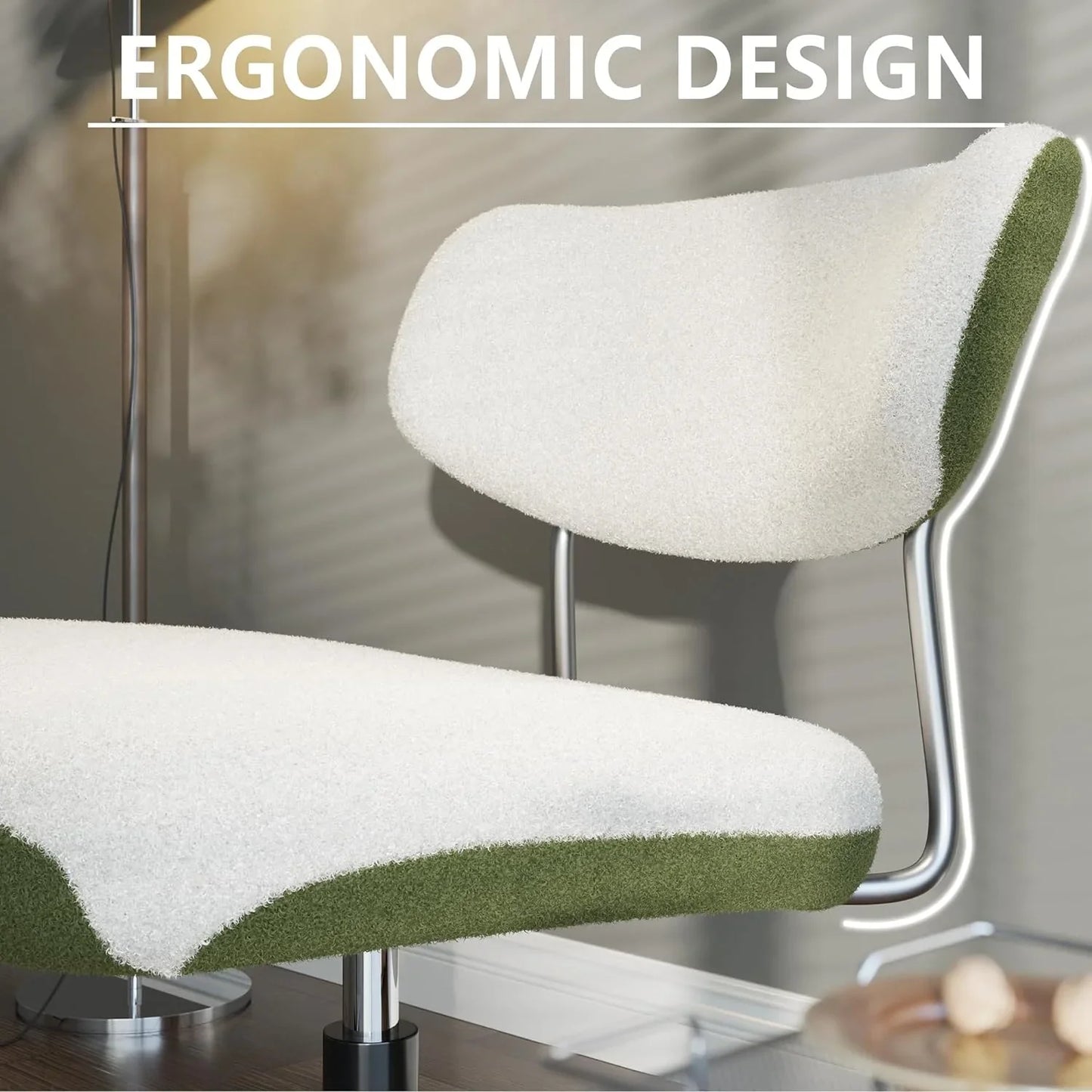 360° Swivel Armless Office Chair with Ergonomic Backrest, Height Adjustable, Bouclé Upholstered Seat, Contrast Color, Home/Office Chair, White & Green