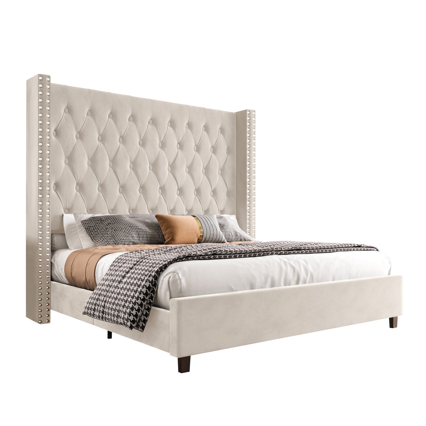 PaPaJet King Size Bed Frame with 61.4" Tall Headboard, Velvet Upholstered Platform and Handmade Deep Button Tufting, No Box Spring Required, Cream