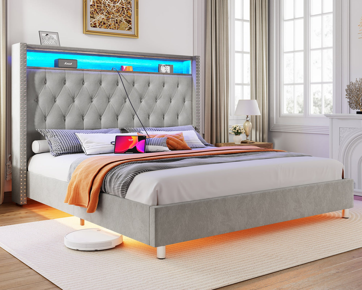 Merluxy LED Bed Frame with Charging Station Upholstered Bed Frame with Headboard Storage Motion Activated Night Light, No Box Spring Needed