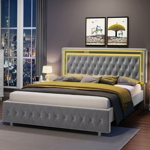 papajet Bed Frame with Led Lights Headboard, Acrylic Mirror Accents, No Box Spring Needed