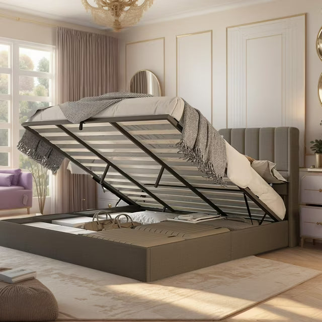 papajet Lift Up Storage Bed, Linen Upholstered Platform Bed with Vertical Channel Tufted Headboard and Wingback, Hydraulic System, No Box Spring Needed, Wood Slats Support