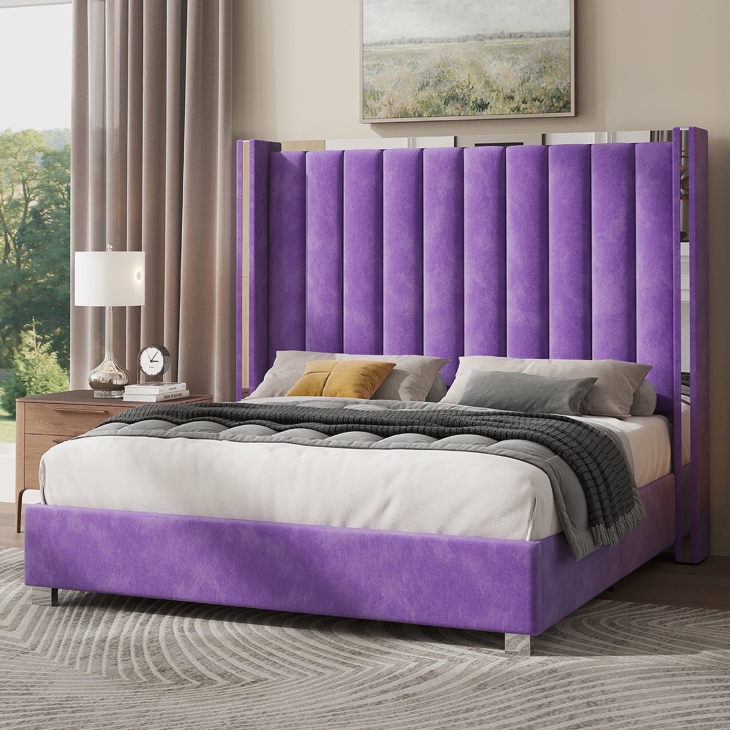 Papajet Bed Frame with 58" Tall Headboard, Velvet Upholstered Platform bed with Channel Tufted Wingback Headboard and Plating Trim