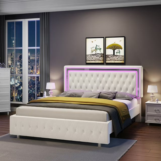 papajet Bed Frame with Led Lights Headboard, Acrylic Mirror Accents, No Box Spring Needed