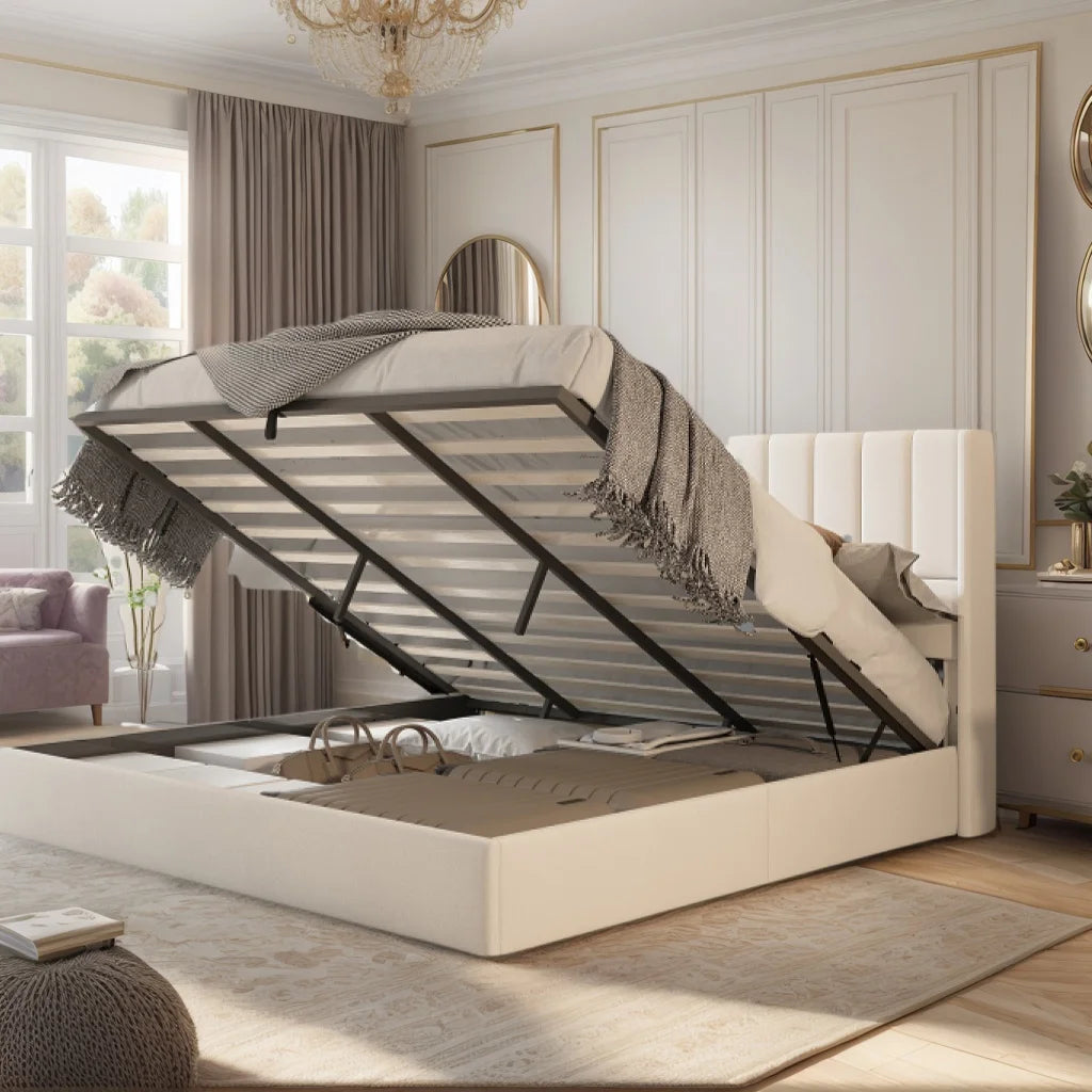 papajet Lift Up Storage Bed, Linen Upholstered Platform Bed with Vertical Channel Tufted Headboard and Wingback, Hydraulic System, No Box Spring Needed, Wood Slats Support