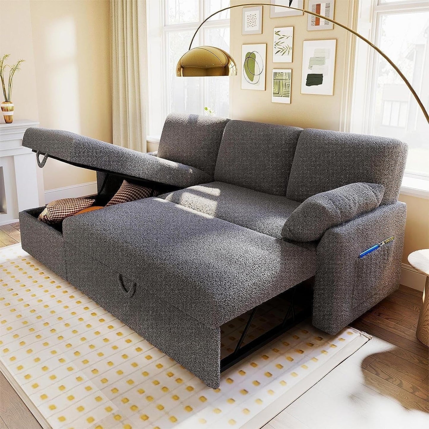 papajet Sleeper Sofa, 2 in 1 Pull Out Couch Sofa with Storage Chaise for Home Office